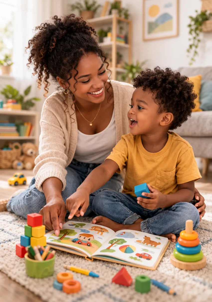 Mãe e filho sorrindo enquanto brincam com um livro e blocos no tapete