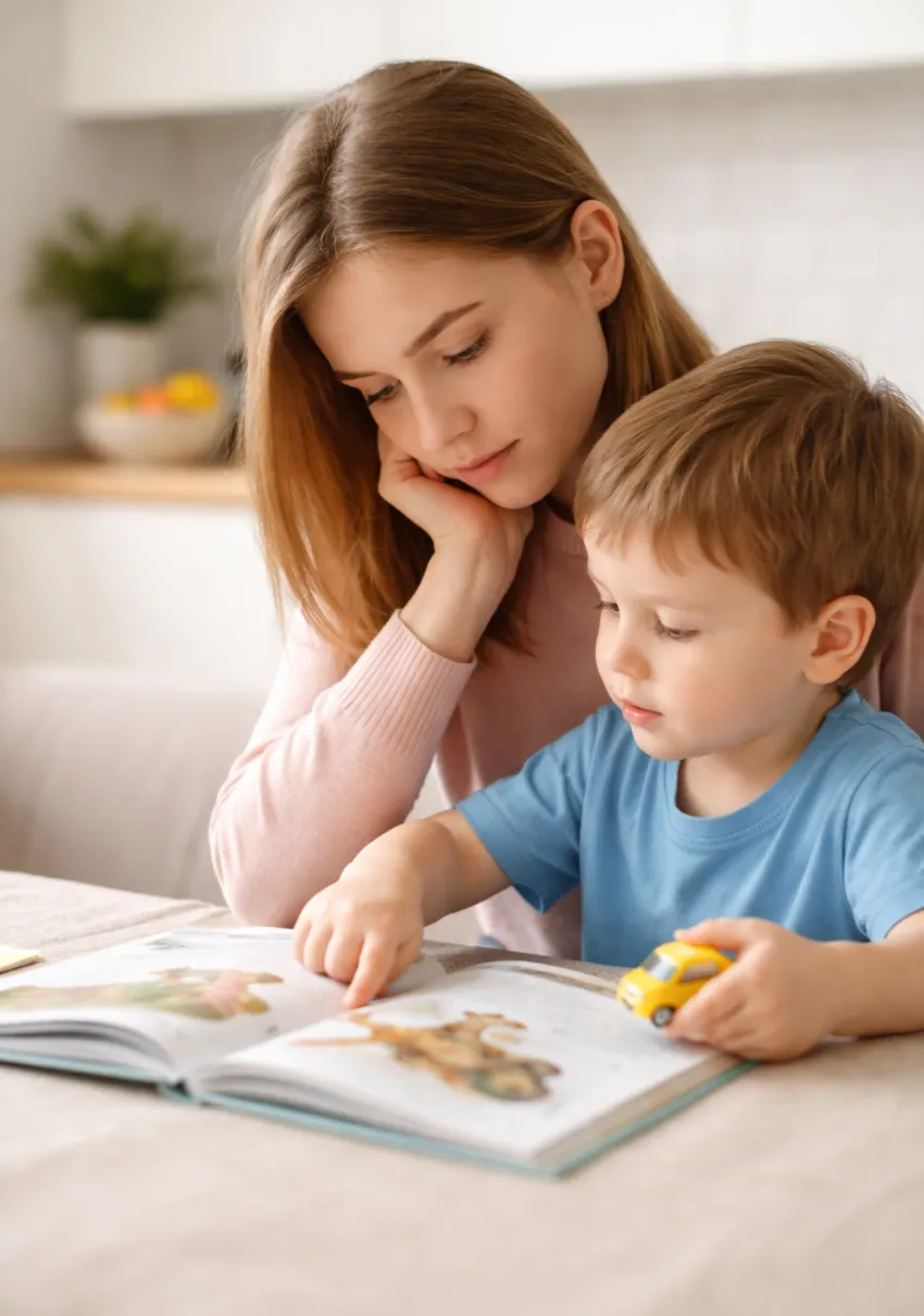 Mãe lendo um livro ilustrado com o filho pequeno